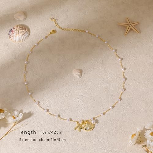 Ewrkbr Gold Necklace for Women,14K Gold Plated Shell Starfish Beach Necklaces Cute Boho Pendant Necklace Fashion Summer Waterproof Pearl Jewelry for Women - color: NK-shell star