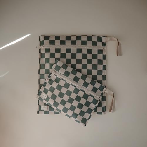 mushie Water Resistant Wet Bags | Large & Small Reusable Storage Bag for Baby Items and Travel | Zippered Pockets with Handle | Machine Washable, Set of 2 (Olive Check) - color: Olive Check