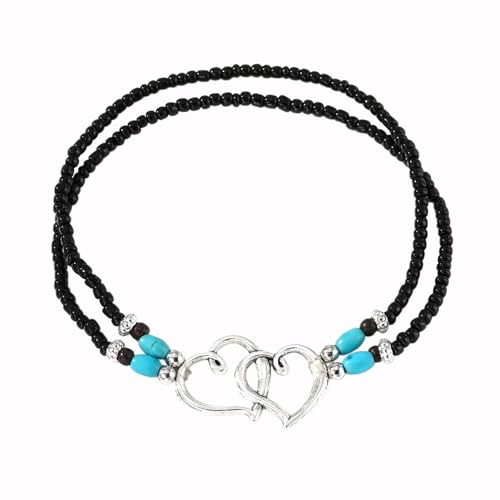 Ankle Bracelets for Women Waterproof Elastic Heart Anklet Stretchy Ankle Bracelets Colorful Beaded Anklets Boho Ankle Bracelets Silver Beach Anklet Jewelry Accessories for Summer - color: Silver Black Anklets
