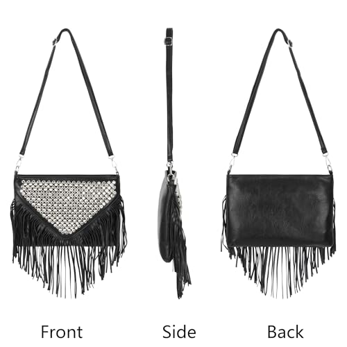 Hoce Women’s Leather Fringe Messenger Bag Large Hobo Crossbody Tassel Shoulder Bags, Gift for Mom Wife Girlfriend - color: Cc-black