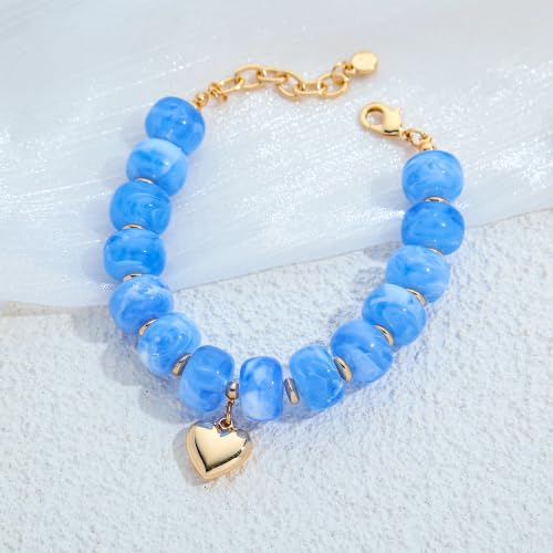 Chunky Beaded Bracelets for Women Boho Multicolor Acrylic Resin Beads Bracelet Adjustable Statement Bracelet Summer Beaded Jewelry - color: Heart beads bracelet-light blue