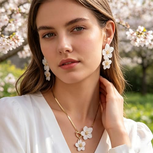 WCRAZYE Gold Flower Earrings Necklace Set for Women Boho Summer Daisy Floral Statement Earrings Brides Wedding Guest Dresses Jewelry - color: White