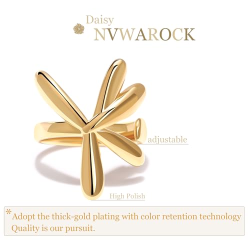 18K Gold Plated Daisy Flower Rings for Women | Cute Adjustable Open Statement Ring | Petal Personalized Polished Band Ring Size 5 to 10