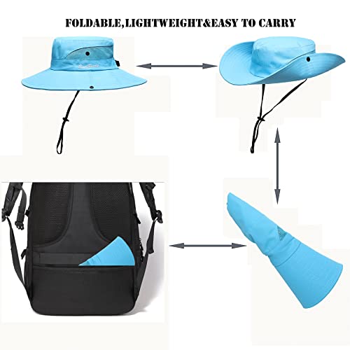 Womens Summer Sun Hat Beach Hat Wide Brim Outdoor UV Protection Hat Foldable Cool Mesh Ponytail Bucket Hat - color: Pure Sky Blue