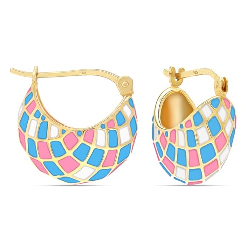 LeCalla 925 Sterling Silver Hoops Earrings | Hollow-Puff Shrimp Earring Hoops | Women's Gold-Plated Jewelry | Lightweight Electroforming Hoop Earring Jewelry for Birthday - style: Enamel Patchwork