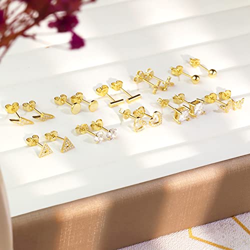 BOUTIQUELOVIN 14K Gold Stud Earrings Set for Women, for Multiple Piercing Silver Plated Studs Earrings and Zirconia Earring Set Small Huggie Hoop Chain Earing - color: 10Pairs Gold Studs