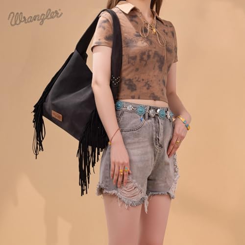 Wrangler Fringe Suede Hobo Bag for Women Leather Western Fringe Purse Tassel Hippie Shoulder Bag - color: Black