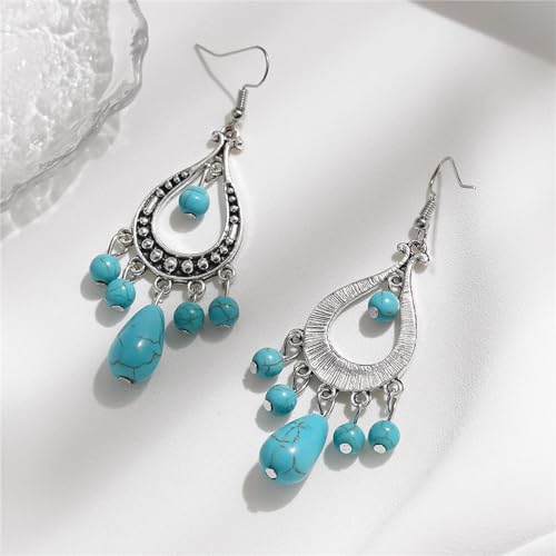 coadipress Bohemian Turquoise Beaded Tassel Earring for Women Ethnic Chandelier Boho Beads Earrings Hollow Out Turquoises Beaded Statement Earrings Ethnic Style Jewelry Gifts - color: Turquoise Beaded Tassel