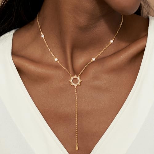 CHESKY Long Necklaces for Women, 14k Gold Plated/Streling Silver Lariat Necklace Dainty Statement Prom Necklace Rosary Cross Sun Drop Pendant Dangle Necklace Gold Prom Jewelry for Women Gifts - style: y necklace 06