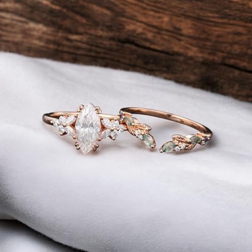 Vintage Marquise Moissanite Bridal Set Moss Agate Wedding Band, Rose Gold Leaf Cluster Shank Engagement Ring Set, Nature-Inspired Gift for Women, Bridal Jewelry