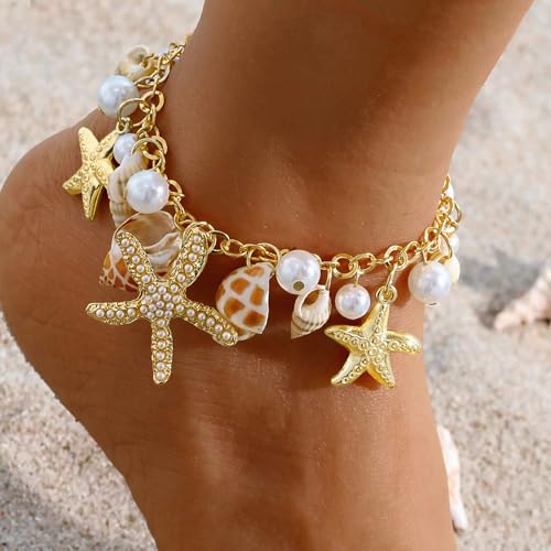 Qceasiy Shell Ankle Bracelet Set for Women, Gold Plated Boho Bead Adjustable Anklet, Hawaiian Beach Seashell Pearl Heart Starfish Conch Foot Jewelry Gifts - color: Conch Starfish1