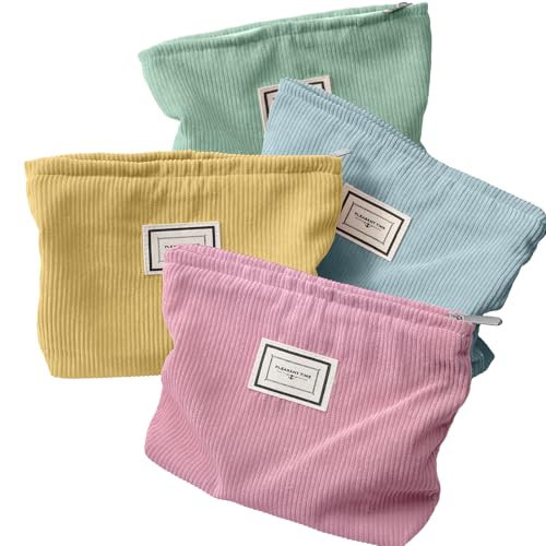 Sanwuta 4 Pack Velvet Makeup Bag Cosmetic Bag for Women Large Capacity Corduroy Pouch Zipper Canvas Travel Toiletry Purse Make up Organizer Case Accessories(Macaron Series,Plaid) - color: Macaron Series