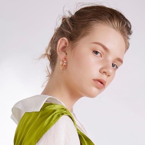 Trendy 14K Gold Plated Hoop Earrings for Women, Chunky Gold/Silver Earrings for Women Cubic Zirconia Baguette Hoop Earrings Heart Hoops Lightweight Hypoallergenic Jewelry,25mm/35mm/40mm/50mm - color: 01 Gold Burnt Orange Hoops 25mm