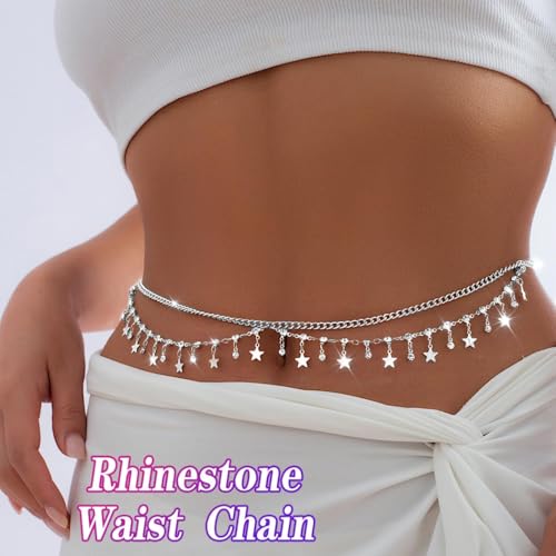 Rhinestone Waist Chains Crystal Waist Chain with Pendant Abdominal Chain Thin Minimalist Body Chain Jewelry for Women Beach Rave - style: B-Star-Sliver
