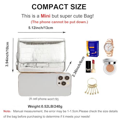 Small Crossbody Purse Bag for Women，Y2K Cute Metallic Croc-Embossed Handbag with Chain Strap - color: Mini Silver
