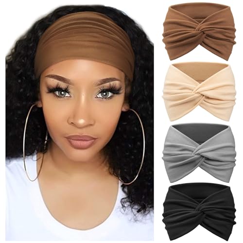 AQOKKA Extra Wide Headbands for Women Large Turban Headband Non Slip Boho Elastic Hairband Hair Twisted Knot Head Bands Accessories - color: 4 Pcs: Coffee, Beige, Grey, Black