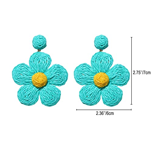 Rattan Earrings for Women Statement Boho Raffia Straw Wrapped Flower Drop Dangle Earrings Summer Tropical Beach Jewelry - color: Lake Blue