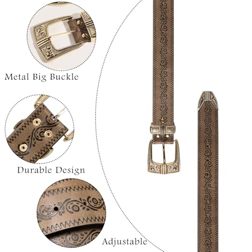 Dubulle Womens Belt Chain Leather Belts Vintage Western Adjustable Elastic Double Buckle for Cowboy Pant Dress - color: Brown Gold
