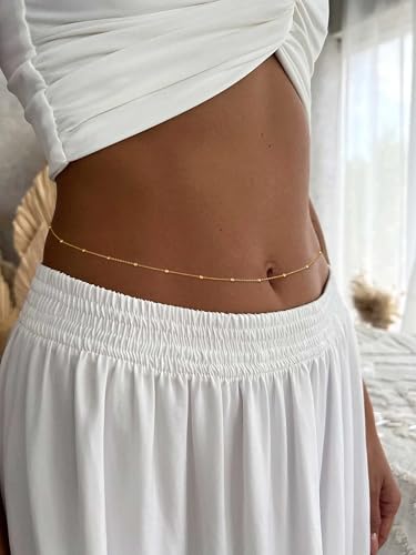 Gold Waist Chain for Women Dainty 14K Gold Plated Layered Belly Chain Adjustable Bikini Belly Beads for the Waist Waterproof Beach Accessories Body Chain Jewelry for Gifts - style: BY0006