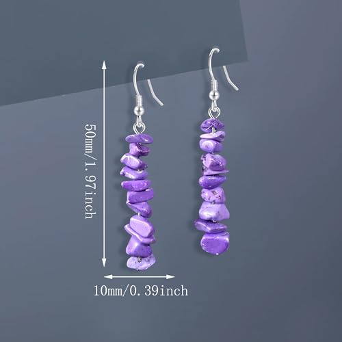 Handmade Bohemian Vintage Silver Nature Stone Beads Long Dangle Drop Earrings for Women - color: Light Purple