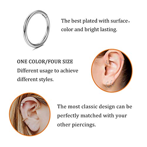 4Pcs 16G 18G 20G Surgical-Steel-Piercing-Ring-Nose-Rings-Hinged-Hoop-Earrings,6mm 8mm 10mm 12mm Seamless Stainless Steel Clicker Eyebrow Septum Piercing Hoop,Sliver Black Gold Rose Gold Rainbow Body Jewelry Set - color: 18G Silver