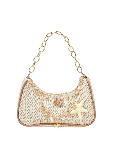MakeMeChic Women's Straw Beach Purse Seashell Beaded Shoulder Handbags Summer Vacation Bags - color: Multicolor G