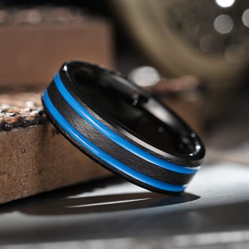 King Will Mens Tungsten Rings for Men Two Tone Grooved Mens Wedding Band Cool - color: Black & Blue Two Groove 6mm