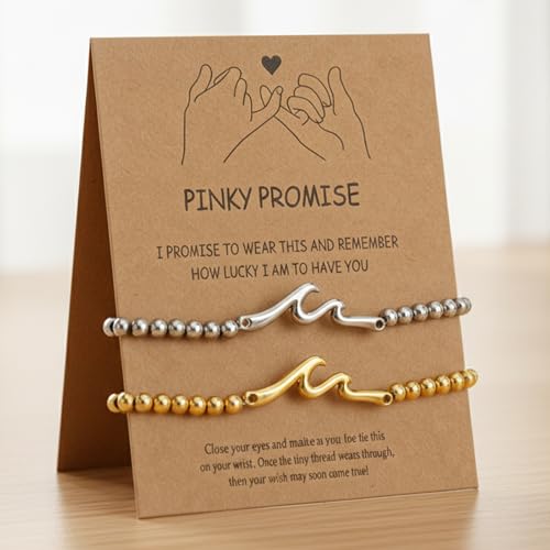 Matching Bracelets for Couple,Gold Silver Beaded Heart Couples Bracelets,Raomantic Relationship Promise Jewelry Gifts for Her - color: Wave