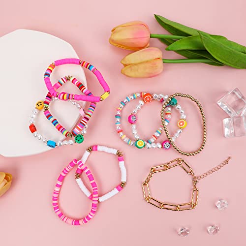 Colorful Heishi Surfer Bracelets Set for Women Stackable Clay Beaded Bracelets Disc Stretch Preppy Bracelets Smiley Face Friendship Bracelets Team Cheer Bulk Boho Summer Beach Jewelry Gift - color: Pink Preppy Beads