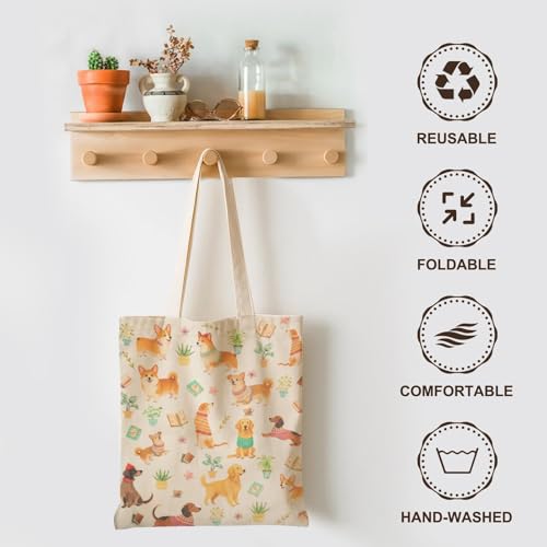 1-PACK Reusable Grocery Shopping Bag, Cute Dog Pattern Canvas Tote Bag with Magnetic Snap Closure and Zipper Inner Pocket - color: A2-dog and Book 1 Pack