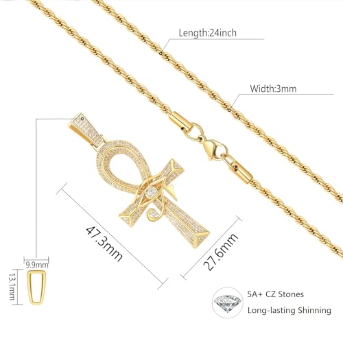 Eye of Horus Ankh Cross Pendant Necklace 18K White Gold Plated Iced Out CZ Bling Ancient Egyptian Religious Symbol Protection Chain Jewelry for Men Women Christmas Birthday Gift - color: 18K