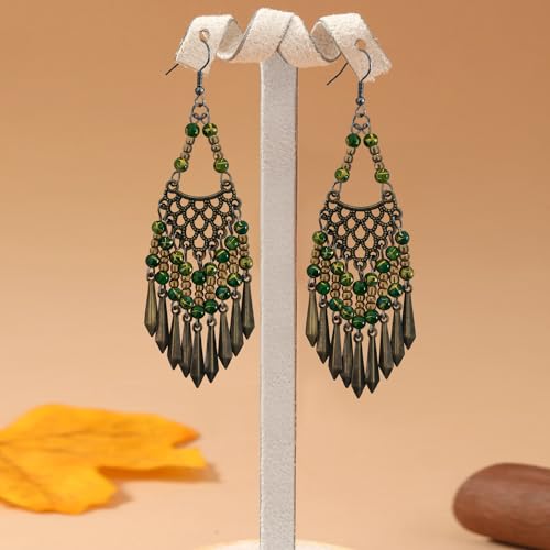 Handmade Vintage Bronze Bohemian Long Tassel Colorful Bead Dangle Drop Earrings Big Tribal Chandelier Geometry Hook Earrings for Women Statement Jewelry Gifts - color: Green
