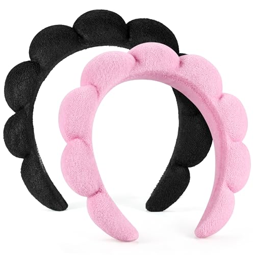 Ztomine Spa Headbands for Washing Face or Facial, Set of 2 Skincare Headbands, Terry Cloth Headband Wash Combo Pack - Puffy Makeup Washing, Mask, Skin Treatment (Black & Pink) - color: Black+Pink