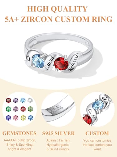 Custom4U Personalized Mothers Ring with 1-5 Birthstones Names Engraved 925 Sterling Silver/14K White Gold Plated Birthstone Rings for Women Promise Ring Birthday Jewelry Gifts for Mom Grandmother Wife - color: 2 Birthstones Ring (Engraved)
