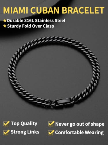 ChainsHouse Stainless Steel Cuban Link Bracelet, 8mm/12mm/17mm Width, 7.5"/8.3"/9", 18K Gold Plated Chain Wrist Bracelets for Men Women, Send Gift Box - color: H: Black-6mm width