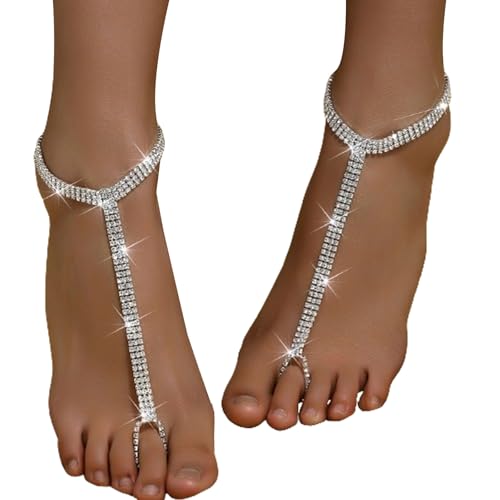 1Pair Multi-layered Rhinestone Foot Chain with Toe Jewelry for Women Wedding Bridal Crystal Barefoot Sandals Bikini Rhinestone Anklet Bracelet Foot Accessories Jewelry - style: Silver