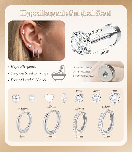 Incaton Hypoallergenic Flat Back Earrings for Women Silver 14K Gold Plated Surgical Stainless Steel Stud Earrings Cubic Zirconia Cartilage Studs Earrings For Multiple Piercing Sensitive Ears - color: F-Silver