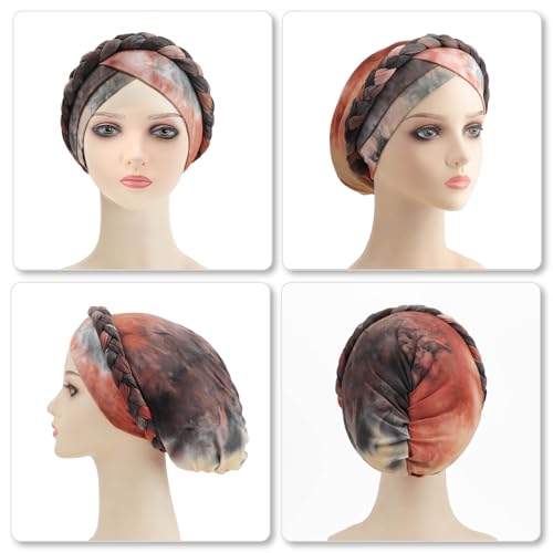 DRESHOW Turban Pre-Tied Twisted Hat Thread African Head Wraps for Black Women Chemo Cancer Cap Braid Hair Cover - color: 1 Pack Tie-dye Gradient: Khaki