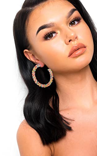 Rhinestone Hoop Earring for Women Sparkly Crystal Wrapped Hoop Dangle Earrings Statement Boho Gold Black Plated CZ Hoop Earring - color: C:Sparkle Colorful