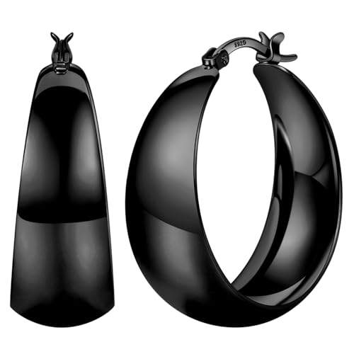 Senteria 12mm Wide Thick Hoop Earrings 925 Sterling Silver Hoop Earrings for Women Hypoallergenic 14K Real Gold Plated Hoops Large Earring Lightweight Chunky Hoops Earring for Women 25/30/40/50MM - color: Black-25mm