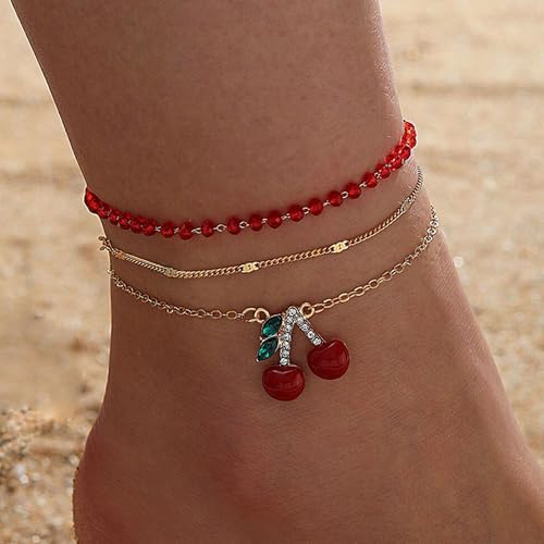 3 pcs Gold Ankle Bracelets for Women Dainty Cherry Pendant Layered Link Chain Anklets Waterproof Fruit Anklet Set Summer Beach Jewelry