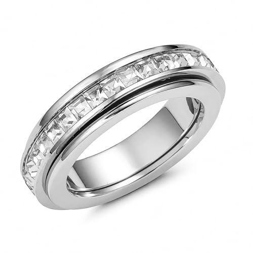 6mm Titanium Fidget Rings for Women Anxiety Relasing, Full Cubic Zirconia Ring Eternity Wedding Band Ring Love Statement Jewelry, Hypoallergenic Stainless Steel Gold Rings for Women No Tarnish - color: silver-fidget