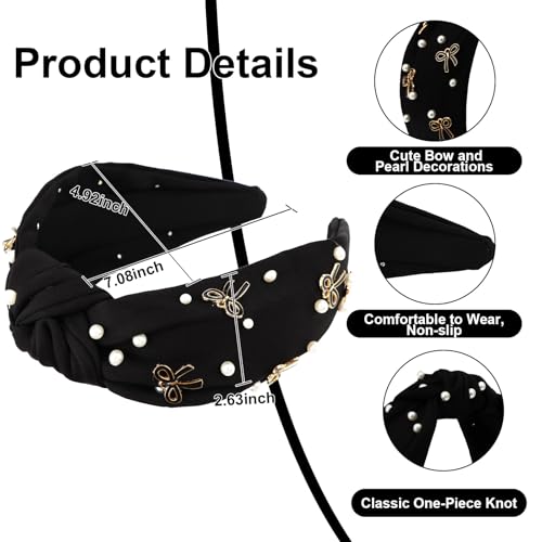 Black Headband Bow Pearl Knotted Headbands for Women Girls Cute Fashion Wide Headbands for Women Non Slip Hairbands Head Bands for Women's Hair Bow Hair Accessories - color: Black-01