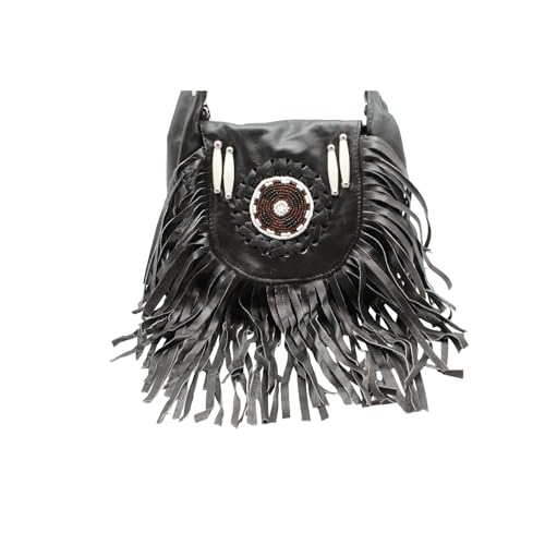 Women’s Genuine Leather Crossbody Belt Bag with Fur Fringe, Braided Bead Handcrafted Design, Clip-On Hip Fanny Pack with Jeans Loop, (J2400LB, Black) - color: Black