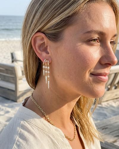 MUMREUES Gold Earrings for Women Trendy 14K Gold Plated Dangle Earrings Small Hoop Huggie Drop Stud Earrings Cubic Zirconia Simple Minimalist Dainty Chain Tassel Hypoallergenic Earrings - color: Tassel & Gold