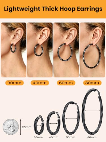 Bestyle 5mm Thick Gold Hoop Earrings Hypoallergenic Hoops for Sensitive Ears Trendy Lightweight Chunky Earrings for Women 30/40/60/80mm - color: 02-Black, size: 60mm