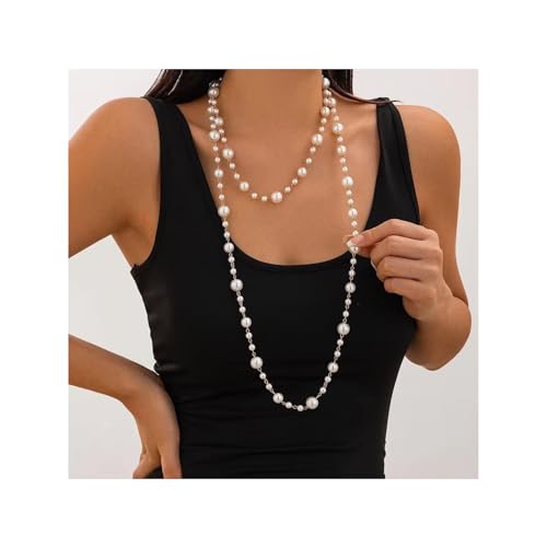 Long Gold Pearl Necklaces for Women White Faux Pearl Necklace Double Layered Pearl Necklace Jewelry Gift Sweater Accessories