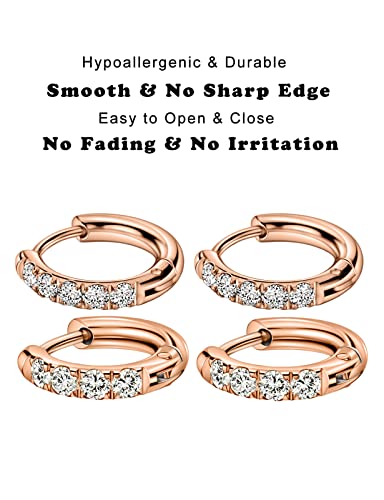316L Surgical Stainless Steel Huggie Hoop Earrings with Cubic Zirconia, 10G 12G 14G 8-20mm Cartilage Lobe Earrings, 14G Piercing Jewelry - style: 10G 8mm 10mm Rose Gold Clear CZ