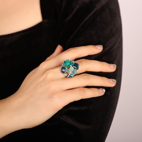 Jumwrit Shiny Crystal Flower Ring Statement Adjustable Open Band Wrap Finger Ring Square Rhinestone Floral Cocktail Ring Party Bridal Wedding Jewelry Vintage Boho Knuckle Ring for Women - color: Light Blue