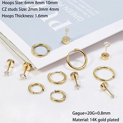 Dainty 6 Pairs Surgical Steel Earrings Sets for Multiple Piercing, Lightweight 14K Gold Plated Small Huggie Hoop Earrings, Flat Back Tiny Ball CZ Stud Earrings for Cartilage, Helix, Lobe, Hypoallergenic - style: 14K Gold Plated- Hoops and CZ Studs